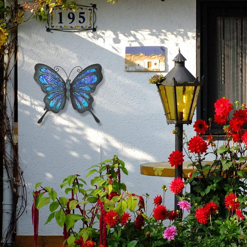 HONGLAND Metal Butterfly Wall Decor Outdoor Indoor Art Sculpture Hanging Glass Decorations Blue for Home Garden Bedroom...