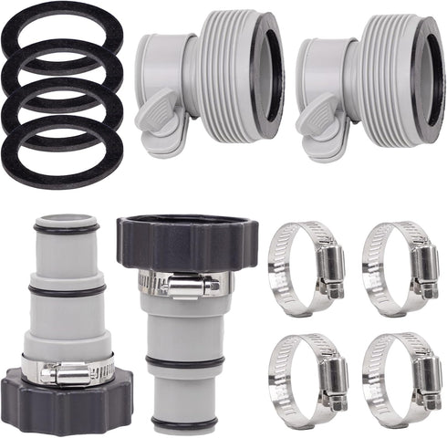 4-Pack Pool Hose Adapters with Clamps - 2 Types Connectors for Threaded Connection Pump - Replacement for 1.5/1.25 Inch Hoses - Ideal for Above Gr...
