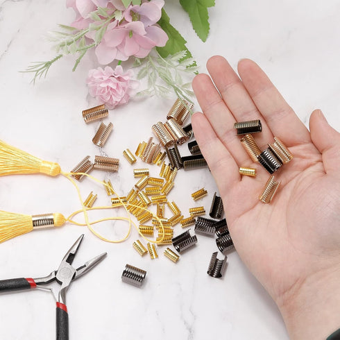 uxcell Leather Rope Clip, 100Pcs Cylindrical Crimping Cord Crimps Foldable String Leather Cord Fastener for DIY Lanyard, Tassel, Jewelry Making, W...