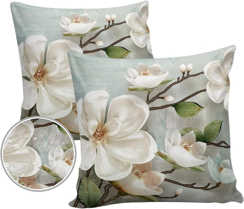 Waterproof Pillow Covers for Couch Throw Pillow Cases Set of 2, Farmhouse White Magnolia Flower Decorative Cushion Pillow Covers 18x18In,Indoor Ou...