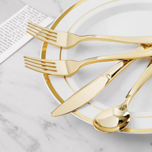 60PCS Gold Plastic Silverware, Gold Disposable Utensils, Heavy Duty Cutlery Set of 30 Gold Forks, 15 Gold Spoons, 15 Gold Knives for Parties, Wedd...