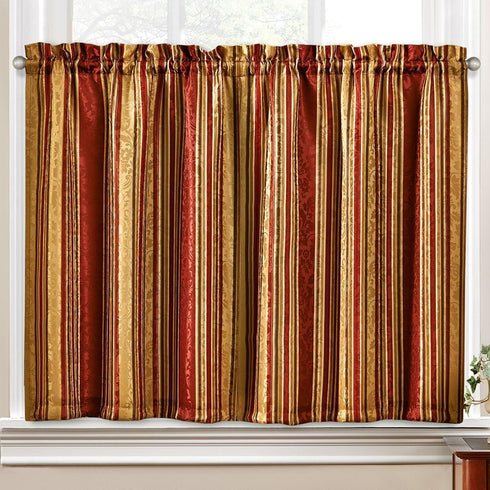 Waverly Traditions Stripe Ensemble Rod Pocket Cafe Tier and Valance Set for Windows in Kitchen or Bathroom, Double Panel, 52" x 36", Crimson...