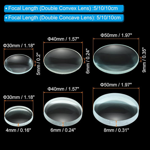 PATIKIL 5cm,10cm Focal Length Double Convex and 7.5cm,10cm Focal Length Double Concave Lens 1 Set, 6 Pack Glass Optically Polished Round Edges Len...