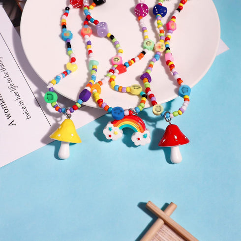 Colorful Fresh Mushroom Heart Rainbow Beaded Pendant Necklace Resin Choker for Women Handmade Multicolor Bohemian Jewelry-red...
