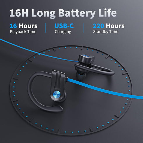 Wireless Headphones Bluetooth 5.3 Headphones with 16 Hours Playtime, Over-Ear Stereo Bass Earphones with Earhooks Headset, Sports Earbuds with Sto...