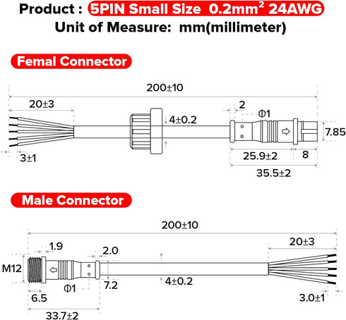BTF-LIGHTING 5 Pin Electrical Connector 24AWG IP65 Male Female Connector 7.87in/20cm Extension Cable for Car,Truck,Boat,Indoor/Outdoor LED Strip L...