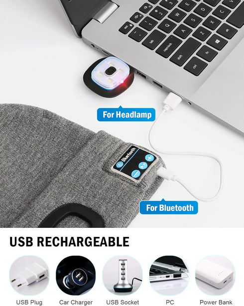 Bluetooth Beanie with Light, Unisex USB Rechargeable LED Headlamp Cap with Headphones, Built-in Speakers & Mic Winter Knitted Night Lighted Music ...