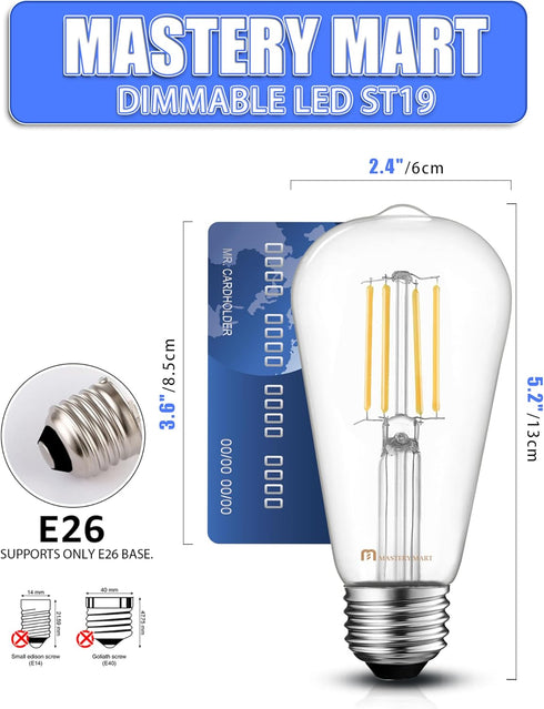 MASTERY MART Dimmable E26 Edison Bulbs 6 Pack, 5.5W (60W Equivalent), Cool White 4000K, Clear Glass ST19 ST21...