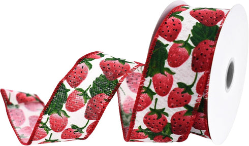 Homeford Fresh Spring Strawberries Faux Linen Wired Ribbon, 1-1/2-inch, 10-Yard, Ivory...