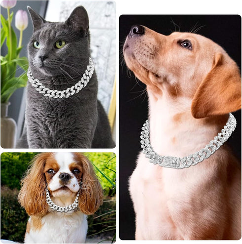 Cuban Link Dog Collar Gold Silver Color Metal Dog Chain Collar Cuban Diamond Chain Pet Collars for Dogs Cats Jewelry 8/10/14/16/18/20/24/28 Inch (...