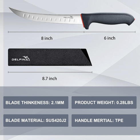 DELFINA Curved Breaking Knife 8 inch W/Sheath & SoftGrip Handle, Butcher Breaking Knife For Meat Cutting, High Carbon Japanese Steel ?8 inch?...