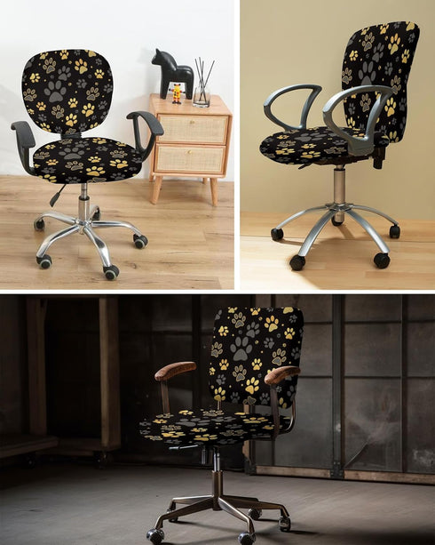 Computer Office Chair Cover Yellow Paw Print Black Background Protective & Stretchable Desk Chair Covers Soft Polyester Universal Rotating Chair S...