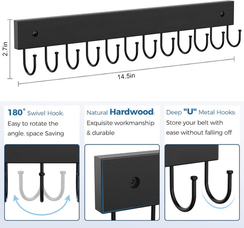 Belt Hanger Wall Mounted, Wooden Belt Organizer Max 12 Storage Capacity, 180° Rotating Space Saving Hangers for Ties, Tank Tops, Scarves, Bras, Ke...