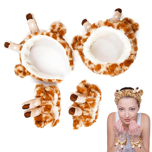 4Pcs Makeup Headband with Absorbent Wristband Cute Giraffe Skincare Hair Bands Makeup Spa Face Wash Headband...