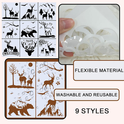 9 Pcs Large Deer Stencils for Painting - Reusable Forest Mountain Tree Deer Head Stencils Painting Templates for Scrapbooking Drawing Wood Wall Ca...