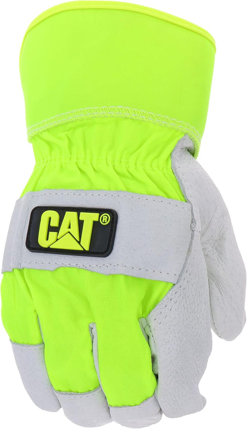 CAT® CAT013103L Pigskin Palm Gloves – Neon green, Large, Gunn-Cut, High-Vis Leather Gloves with Rubberized Safety Cuffs...