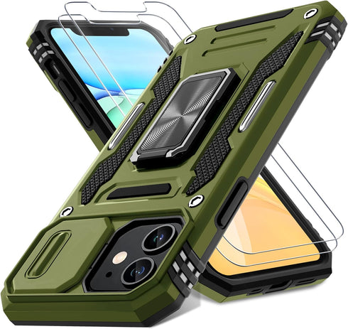 DEERLAMN for iPhone 11 Case with Slide Camera Cover+Screen Protector(2 Packs),Rotated Ring Kickstand Military Grade Shockproof Protective Cover-Ol...