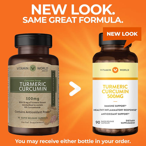Vitamin World Turmeric Curcumin 500mg 90 Capsules, Standardized to contain 95% Curcuminoids, Rapid-release, Plant-based Antioxidant, Gluten Free...