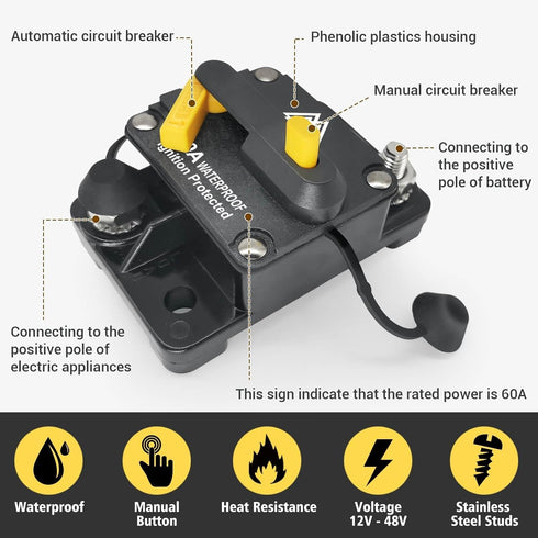 50Amp Circuit Breaker for Trolling Motor Marine Boat ATV Vehicles Stereo Audio Solar Battery System with Manual Reset Inline Fuse with 1/4" M6 Scr...