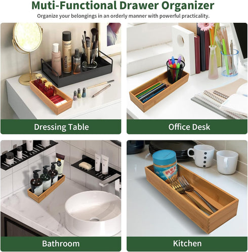 Bamboo Drawer Organizer - Kitchen Drawer Utensil Organizer Office Supplies Desk Organizer Makeup Silverware Tray Flatware Organization 12"*4"*2"...