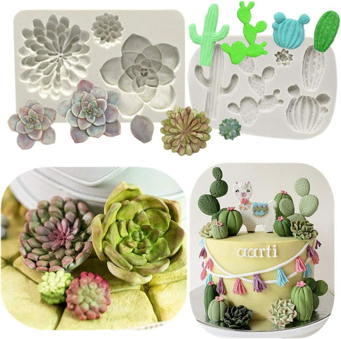 LaVenty 2 PCS Cactus Silicone Mold Cacti Fondant Mold Succulent Leaves Candy Molds Cactus Gumpaste Mold For Cupcake Cake Polymer Resin...