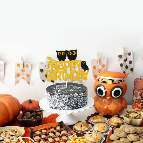 Owl Cake Topper Happy Birthday Sign Cake Decorations for Owl Themed Kids Boy Girl Birthday Baby Shower 1st Bday Party Supplies Gold GoldSparkle Dé...