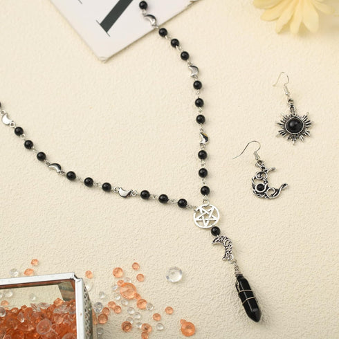 3 Pcs Halloween Gothic Sun and Moon Jewelry Set Head Chain Multilayer Star Choker Crystal Earrings (Silver,Boho)...