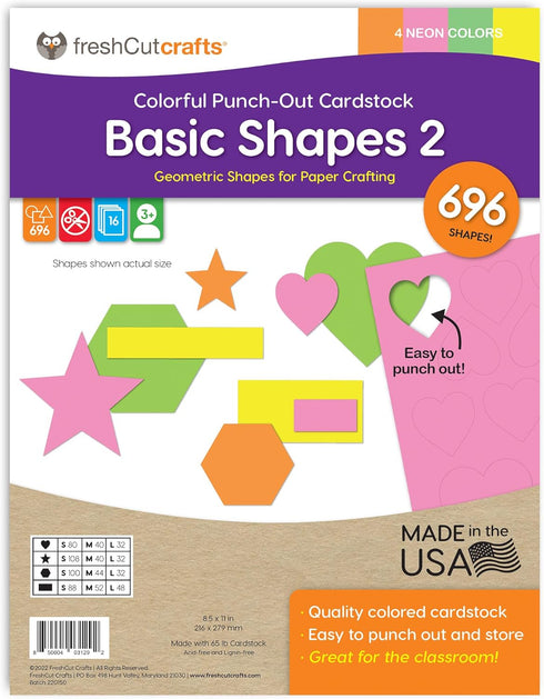 Basic Shapes 2: Hearts, Stars, Hexagons, Rectangles, 696 Pieces US Made Card Stock Punch Out Geometric Shapes in 3 Sizes and 4 NEON Colors for Mat...