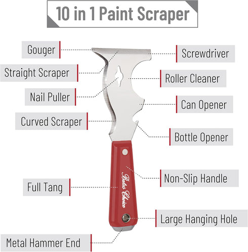 Bates- Paint Scraper, 10 in 1 Painters Tool, Red Paint Scrapers for Wood, Painters Tool, Painters Knife, Paint Scraper for Painting, Putty Knife, ...