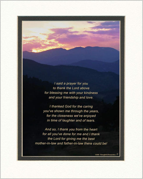 Mother-in-Law and Father-in-law Gift with Thank You Prayer for your Father in Law and Mother in Law Poem. Mt Sunset Photo, 8x10 Double Matted. In-...