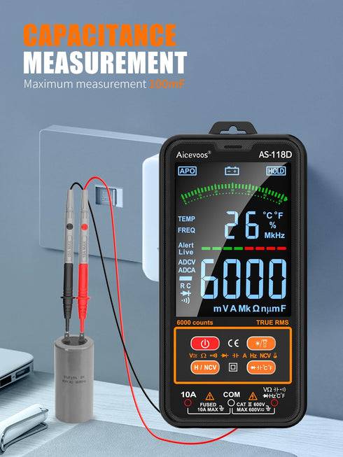 AS-118D Smart Digital Multimeter Auto-Ranging Voltmeter Electrical Tester Measures Voltage Current Capacitance Resistance Continuity Duty-Cycle Te...
