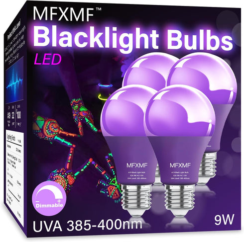 4 Pack A19 LED Black Light Bulbs,9W (100W Equivalent) E26 Base Dimmable Black Lights, UVA Level 385-400NM, Halloween Light Bulbs?Glow in The Dark?...
