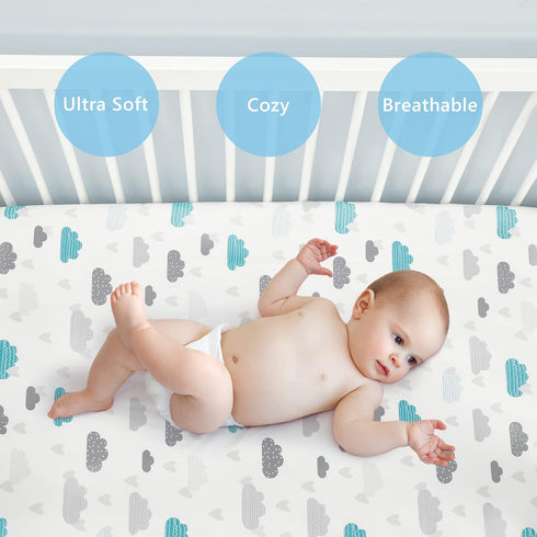 TILLYOU Baby Crib Sheets for Boys Girls, Super Soft Toddler Bed Sheets, 2 Pack Sheets for Standard Crib Mattress 28x52in, Blue Clouds and Stars...