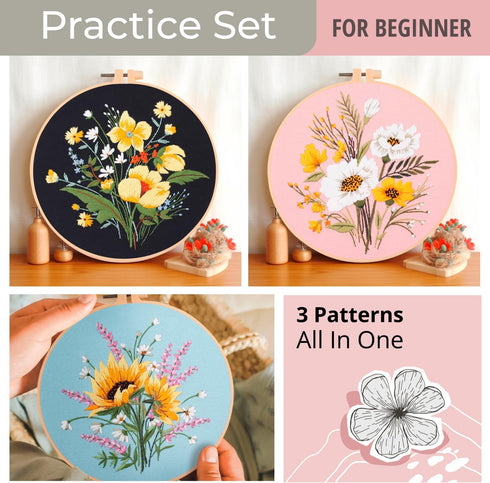 Univigo Embroidery Kit 3 Sets Embroidery Stitch Practice Kit for Handicraft Lover Cross Stitch Kits with Embroidery Cloth Hoop Color Threads Sciss...