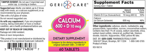 GeriCare Calcium 600mg - Vitamin D 10mcg Tablets - Bone Health - Nutritional Supplement, 60 Count (Pack of 1)...
