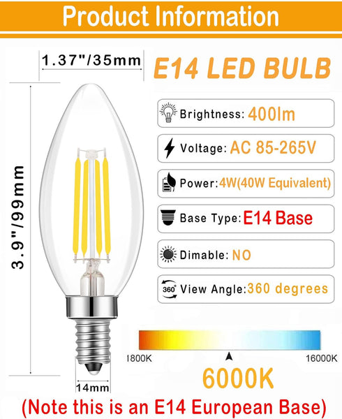 E14 Base LED Filament Candle Shape Light Bulb,E14 European Base Bulb,Daylight 6000K 400LM 40W Equivalent,C35 Clear Glass Torpedo Shape Bullet Top,...