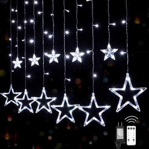 Star Curtain Lights for Bedroom - Plug-in 9ft 138 LED Fairy Twinkle Lights with 12 Star Drops, Connectable Window Lights with Remote 8 Lighting Mo...