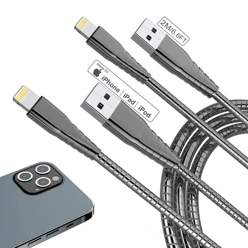 Metal Braided iPhone Charger Cable 6.6Ft/2M Long Lightning Cable Apple MFi Certified Fast Charging iPhone USB Cord iPhone Syncing Data Cable chew ...