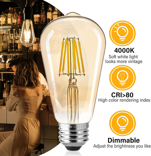 Brightown Led Edison Bulbs - 4 Packs E26 Dimmable 60 Watt Equivalent 6W LED Bulbs, 2700K Amber Bulbs Vintage Warm White Light Bulbs, 470 Lumens...