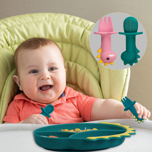 Suction Plates for Baby,Silicone Toddler Plates with Spoon Fork set Divided Dinosaurs Plates Self Feeding Training Baby Dinner Plate-Blue Dinosaur...