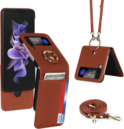 LBYZCASE Case for Galaxy Z Flip 3 5G,Samsung Z Flip 3(2021) Leather Wallet Case,Adjustable Crossbody Lanyard Durable Card Slots Ultra Slim Luxury ...