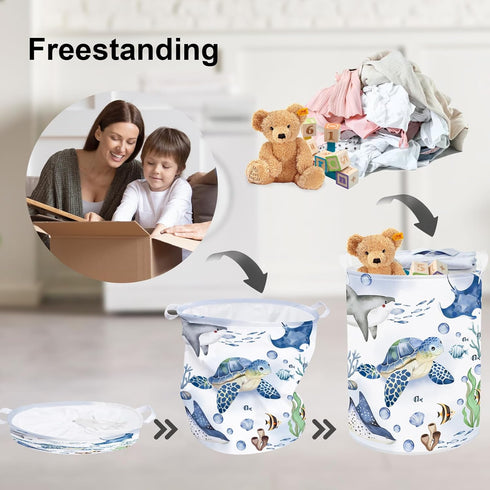 Clastyle 45L Large Blue Sea Animals Turtle Kid Laundry Hamper with Handle Collapsible Whale Shark Clothes Toy Storage Basket with Lid for Nursery...