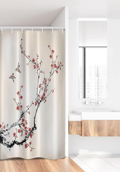 Ambesonne Nature Stall Shower Curtain, Cherry Branches Flowers Buds and Birds Style Artwork with Painting Effect, Fabric Bathroom Decor Set with H...