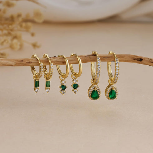 2/3 Pairs Dainty Small 14K Gold Plated Hoop Earring Set - Trendy Emerald Color CZ Drop Huggie Earrings for Women Jewelry Gift...
