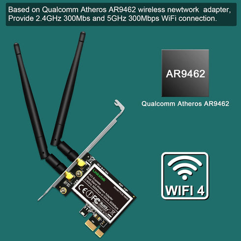 Wireless N 600Mbps (2.4GHz 300Mbps and 5GHz 300Mbps) PCIE WiFi Adapter, PCIE WiFi Card, QUALCOMM Atheros AR946X Wireless Network Adapter for Windo...