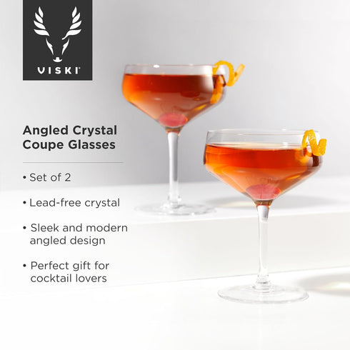 Viski Raye Angled Stemmed Crystal Coupe Cocktail Glasses, Champagne Coupe Glasses, Drinkware Set, Espresso Martini Glasses, Set of 2, 7oz...
