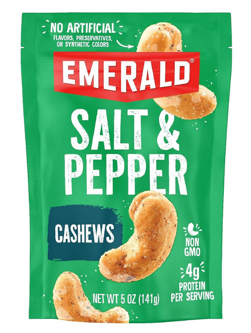 Emerald Nuts Salt and Pepper Seasoned Cashews (1-Pack), 5oz Resealable Bag, Kosher Certified, Non-GMO, Contains No Artificial Preservatives, Flavo...