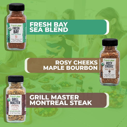 FreshJax Organic Surf n' Turf Seasonings Gift Set | 3 Sampler Sized | Fresh Bay, Rosy Cheeks Maple Bourbon, Grill Master Steak Blend | Handcrafted...