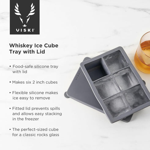 Viski Whiskey Ice Cube Tray with Lid, Large Makes Six 2-Inch Ice Molds, Perfect for Cocktails, Whiskey, Bourbon, and More, Stackable Silicone Mold...