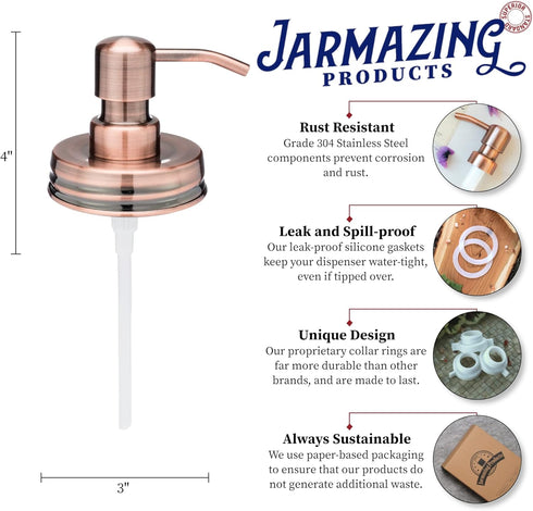 Jarmazing Products Classic Vintage Styled Copper Mason Jar Soap Dispenser Lids - One Pack - For all Regular Mouth Canning Jars...
